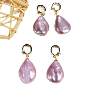 Lilac baroque freshwater pearl drop earrings with elegant golden huggie hoops