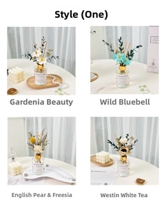 Detailed set of four reed diffusers featuring dried flowers and scents like English Pear