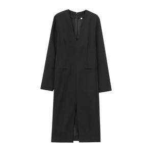 Robe Midi Femme Élégante Noire Col En V Manches Longues Avec Ourlet Fendu Couleur Unie Polyester Coupe Ajustée