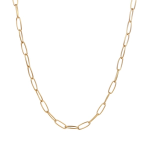 Detail shot of a minimalist gold paperclip chain necklace with oval links on white background