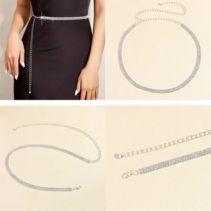 Détails de la chaîne de taille en strass argenté avec fermoir mousqueton réglable et extension