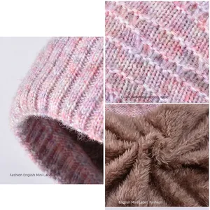 Winter women's knit hat set with warm fleece lining and dual-tone thermal braided texture