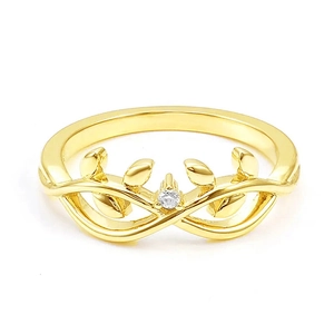 Anillo elegante dorado con diseño de hojas, símbolo de infinito y circón central brillante