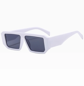 Detail of white rectangle sunglasses frame with dark grey UV400 protective lenses
