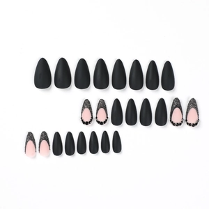 Matte black almond fake nails set with glitter gradients and rhinestone accents