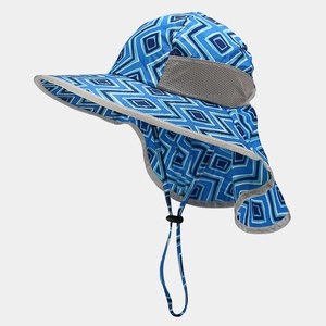 Detail of kids sun hat with grey mesh panels and a protective neck flap for sun safety