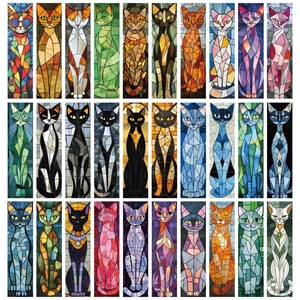 30-piece set of colorful stained glass cat bookmarks in assorted geometric art styles