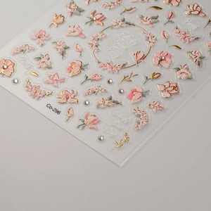 3D embossed floral nail stickers with gold foil, pink flowers and butterfly designs