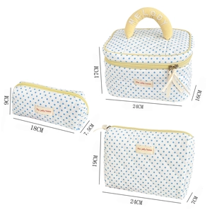 Three-piece quilted polka dot cosmetic bag set with dimensions and blue lemon dot details