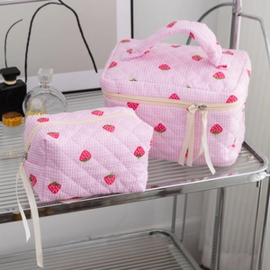Quilted pink strawberry makeup bag set with top handle and floral stripe pattern