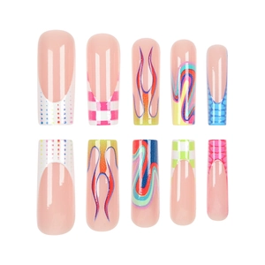 Long coffin fake nails featuring colorful flame patterns and checkerboard designs