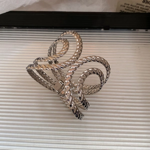 Close-up of a silver twisted rope hair clip with polished metallic finish on a textured background