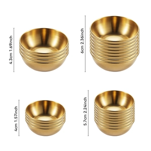 Detailed size chart for four sizes of gold stainless steel sauce dishes in stackable design