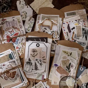 Vintage Scrapbooking Material Kit Paper Washi Stickers Retro Butterfly Mushroom Moon Phase Old Newspaper Journaling DIY