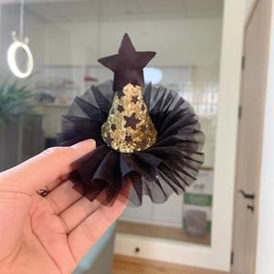 Halloween black star tulle mini witch hat hair clip with gold sequins for party costumes