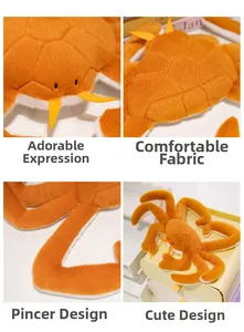 Close-up of soft orange plush fabric texture and cartoon embroidery on the crab toy