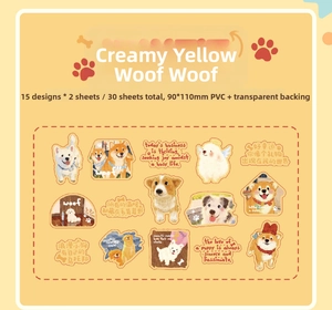 Détail de 30 autocollants de chiens dorés avec Corgi et Shiba Inu sur support en PVC