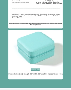 Macro view of portable blue PU leather square jewelry box with zip closure detail