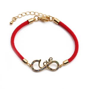 Red cord bracelet with golden Love infinity charm and colorful cubic zirconia inlay