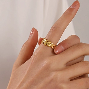 Leaf Shape Ring Stainless Steel Adjustable Opening Textured Branch Design Fashion Jewelry Accessory For Women Girls