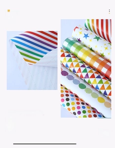 Detailed view of colorful wrapping paper with rainbow stripes and geometric star patterns