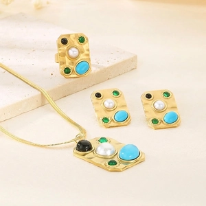 Vintage Court Style Stainless Steel Jewelry Set Necklace Earrings Ring Artificial Pearl Turquoise Bohemian Fashion Accessory For Women