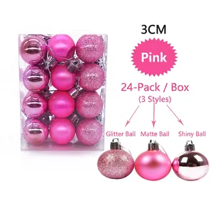 Pink 3cm Christmas ball set with glitter, matte, and glossy finishes in a 24-piece box