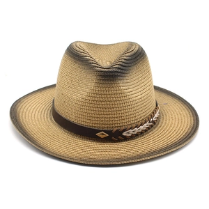 Unisex straw sun hat with gradient burnt edges and studded leather band for summer outdoor travel