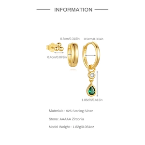 Detailed dimensions of 925 silver gold earrings with green drop zircon pendants