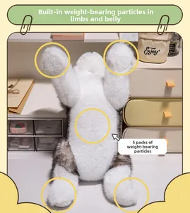 Detail view of husky plush toy with weighted beads inside the limbs and belly