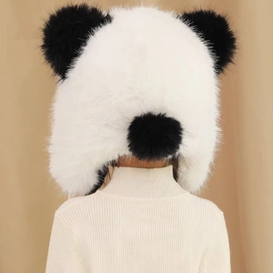 Winter panda plush trapper hat for kids and adults with fluffy faux fur earflaps