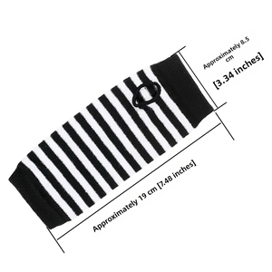 Close-up of striped knit arm warmers with thumb holes showing size measurements