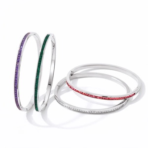 Slim silver stainless steel bangles set with colorful square-cut zircon stones