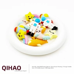Close-up of creative astronaut themed erasers including star and moon shapes in a tray