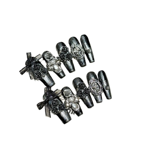 Handmade gothic black glitter press-on nails with 3D rose and rhinestone accents