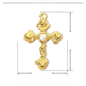 Macro detail of golden cross pendant with heart pearl and dimensions showing 30mm height