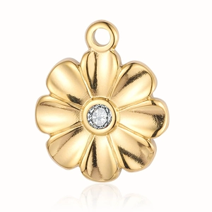 Detailed view of a golden flower pendant with a sparkling crystal center in titanium steel