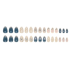 30pcs blue and beige press-on nails with heart, bow, and polka dot hand-painted art