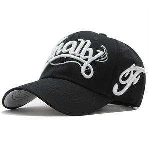 Black cotton baseball cap with white finally embroidery and curved brim for casual styling