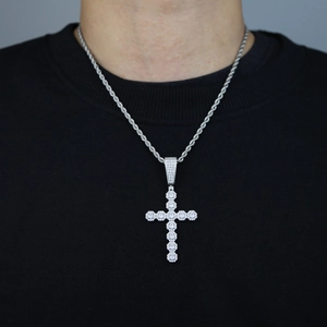 Silver iced out cross pendant necklace with cubic zirconia and twisted rope chain