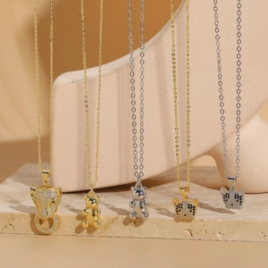 Luxury animal pendant necklaces with zircon leopard and bear charms on gold and silver chains