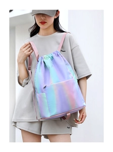 Detail of waterproof gradient drawstring backpack with front zipper pocket on model