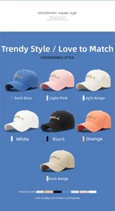 Collection of washed cotton baseball caps with gold embroidery in seven versatile colors