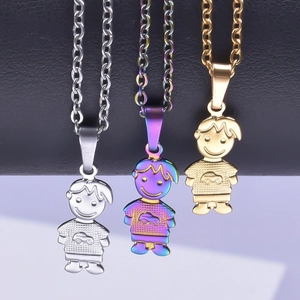 Three Boy Girl figure necklaces in silver, rainbow, and 18k gold plated stainless steel