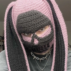 Pink and black handmade crochet balaclava with long rabbit ears and skull cutout design