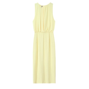 Light yellow sleeveless midi dress with ruched waist and metal neckline detail