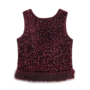 Women's burgundy sequined sleeveless top with faux fur hem and matching pants set