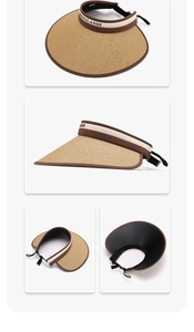 Detail view of khaki straw sun visor with black UV coating and adjustable drawcord