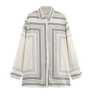 Women Satin Blouse Minimalist Geometric Line Print Long Sleeve Button Down Shirt Loose Commuter Tops