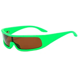 Y2K punk style fluorescent green sports sunglasses with tinted one-piece shield lens